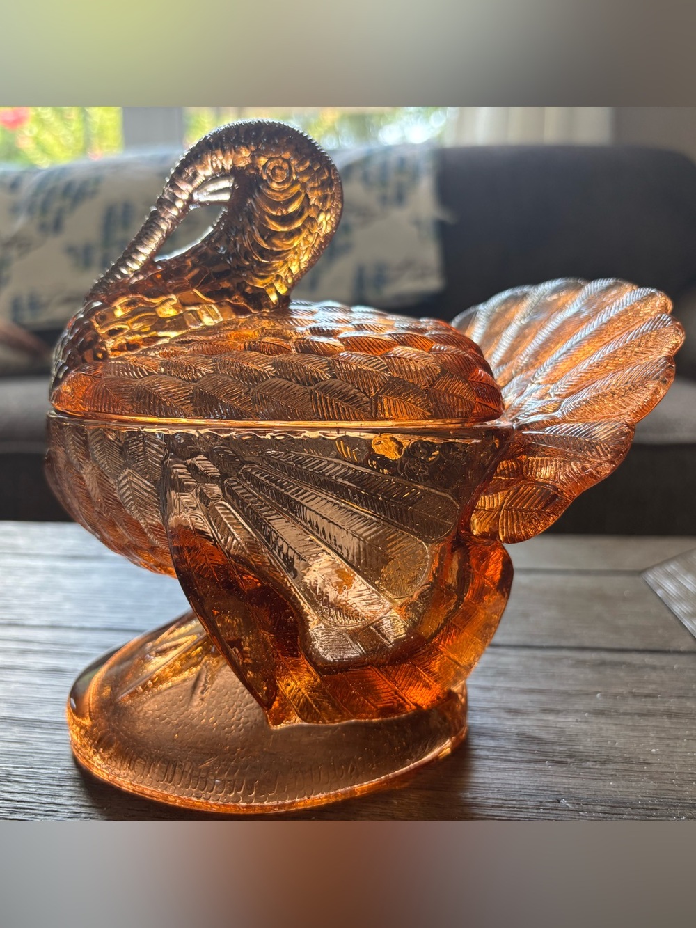 Amber Glass Turkey Covered Candy Dish